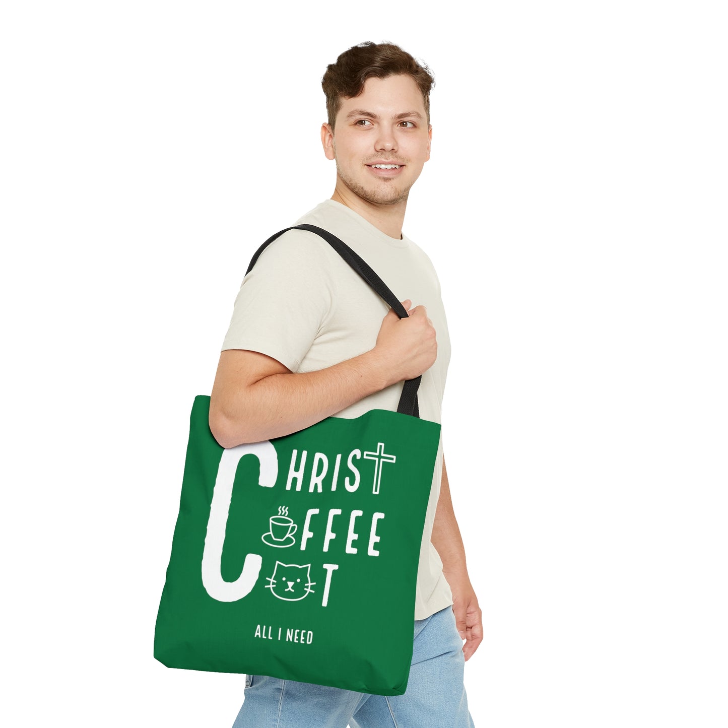 All I need! Christ, Coffee, Cat: Tote Bag (Irish Green)