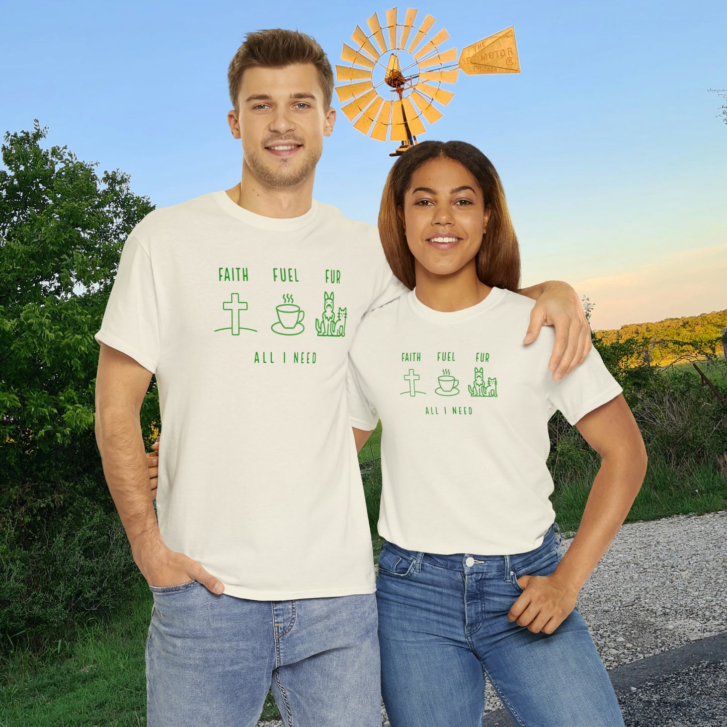 ALL I NEED! Faith, Fuel, Fur-Unisex Heavy Cotton Tee - Show Your Christian Boldness with Style!