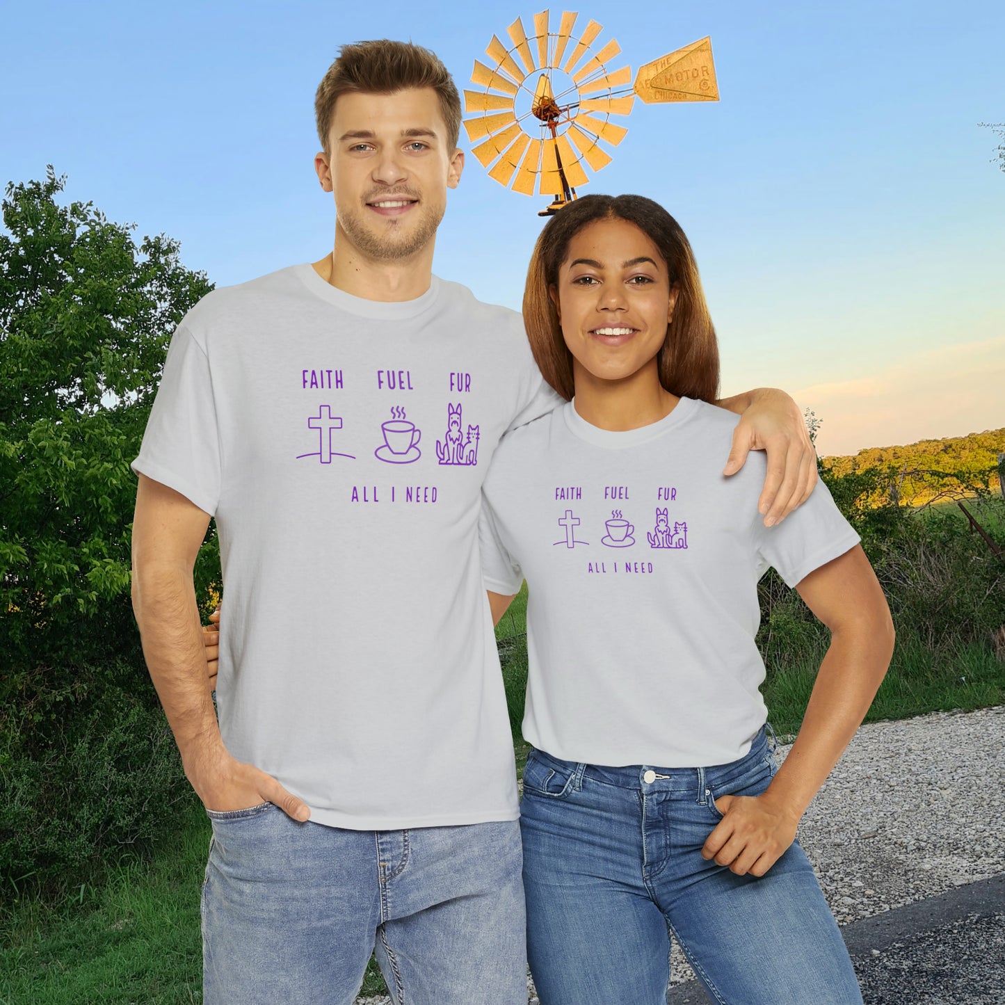 ALL I NEED! Faith, Fuel, Fur-Unisex Heavy Cotton Tee - Show Your Christian Boldness with Style!