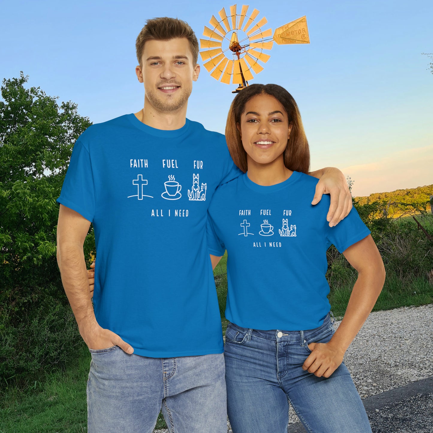 ALL I NEED! Faith, Fuel, Fur-Unisex Heavy Cotton Tee - Show Your Christian Boldness with Style!