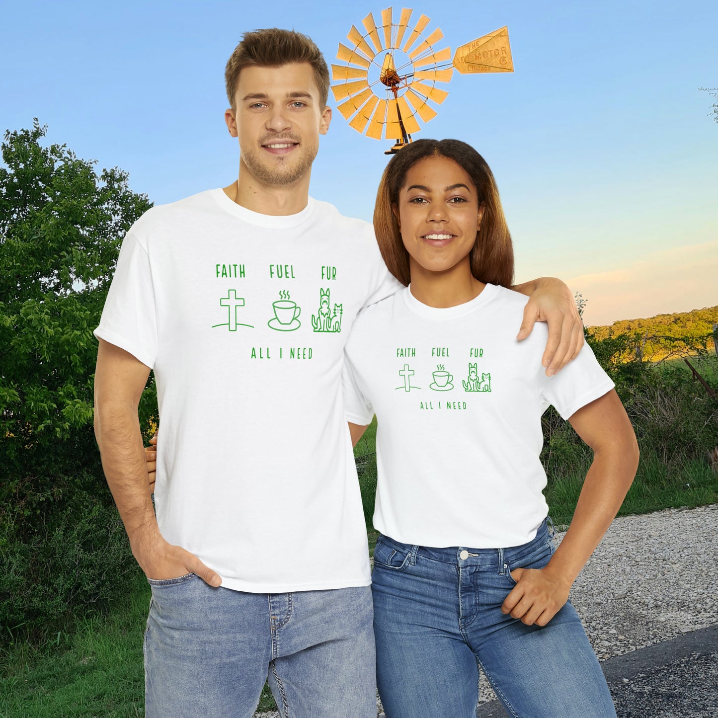 ALL I NEED! Faith, Fuel, Fur-Unisex Heavy Cotton Tee - Show Your Christian Boldness with Style!