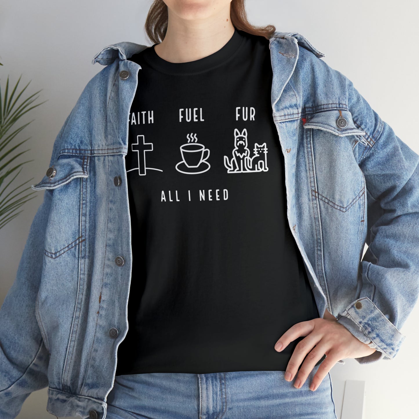 ALL I NEED! Faith, Fuel, Fur-Unisex Heavy Cotton Tee - Show Your Christian Boldness with Style!