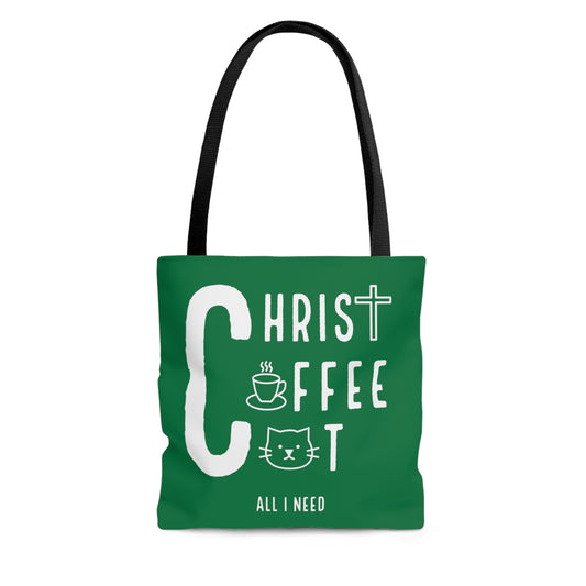 All I need! Christ, Coffee, Cat: Tote Bag (Irish Green)