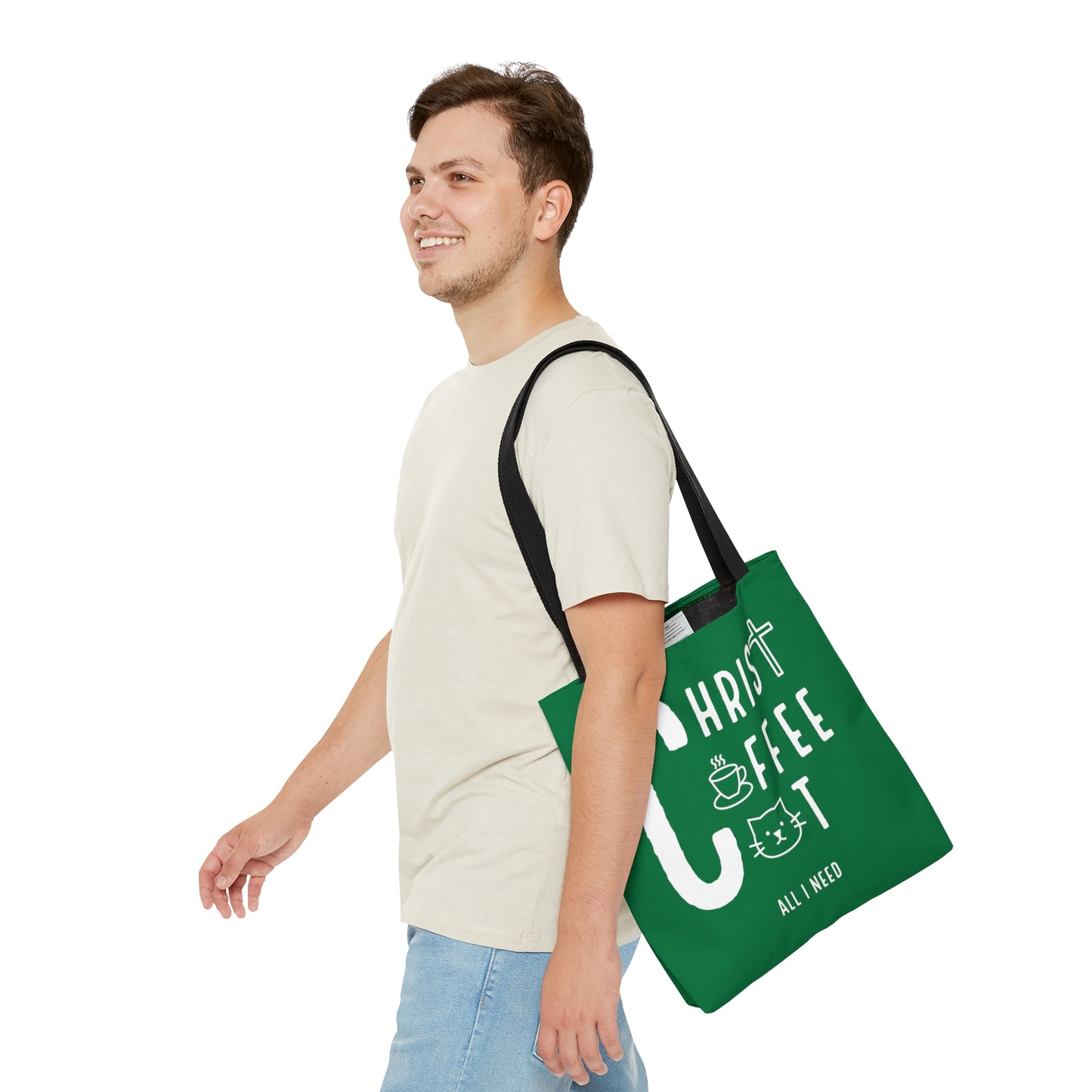 All I need! Christ, Coffee, Cat: Tote Bag (Irish Green)