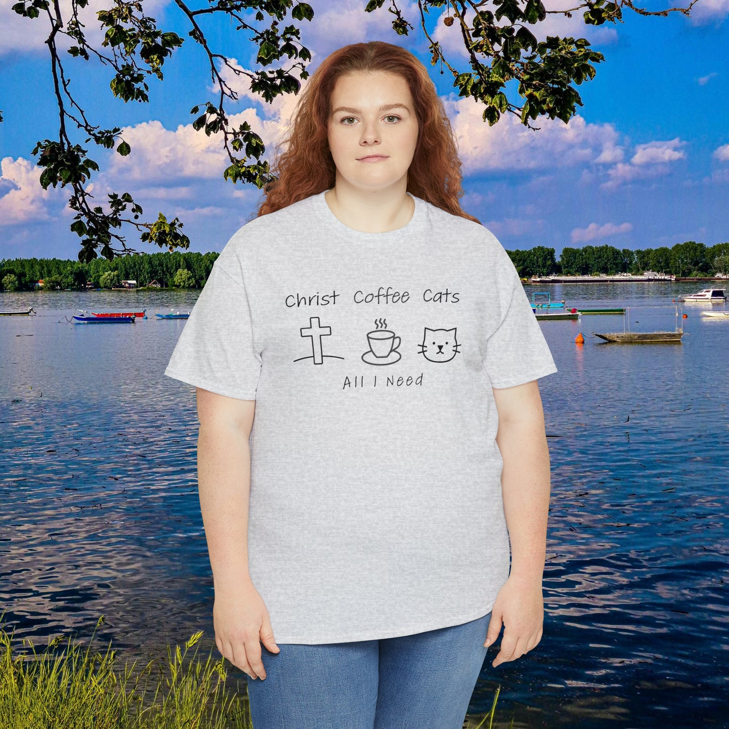 ALL I NEED! Christ, Coffee, Cats-Unisex Heavy Cotton Tee - Show Your Christian Boldness with Style!