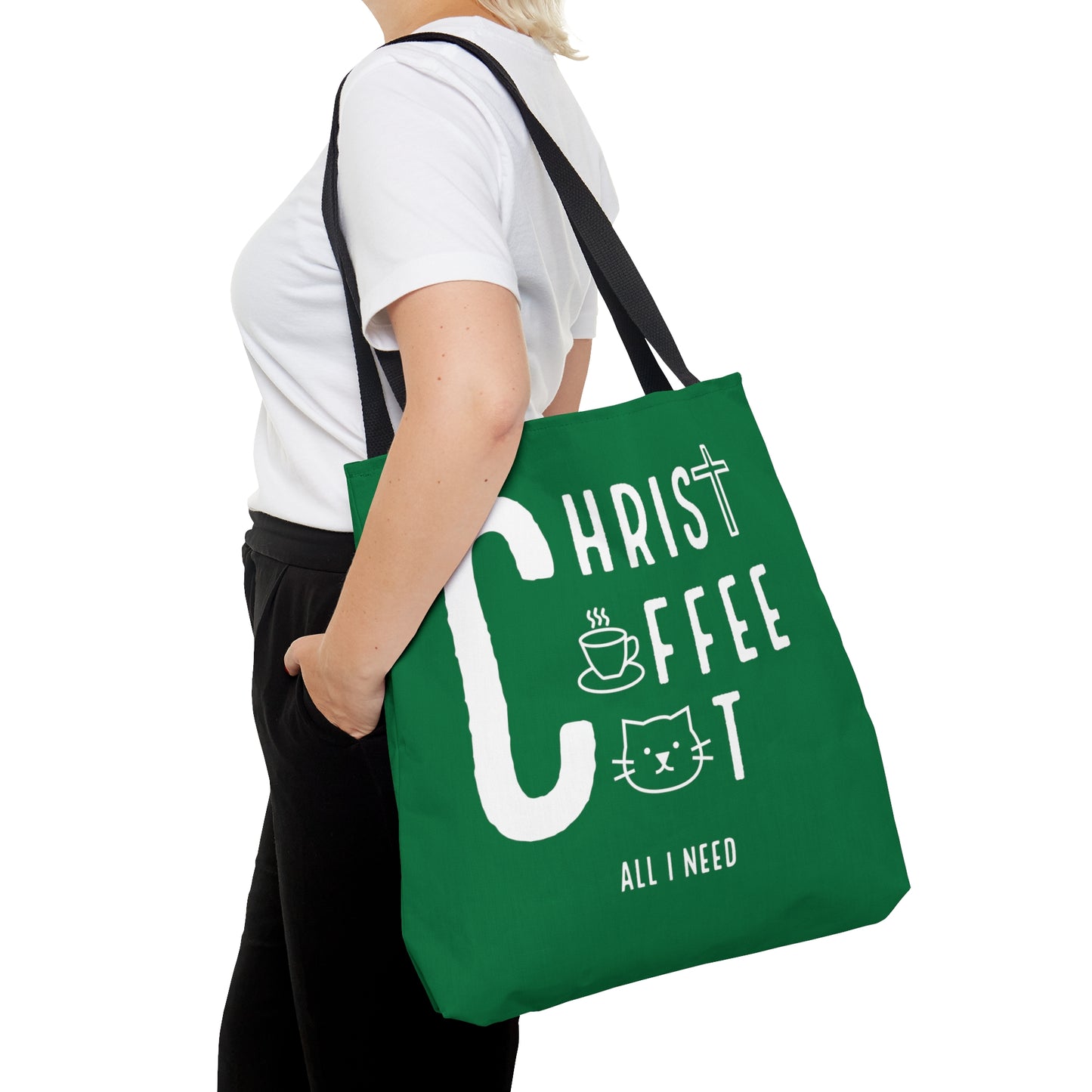 All I need! Christ, Coffee, Cat: Tote Bag (Irish Green)