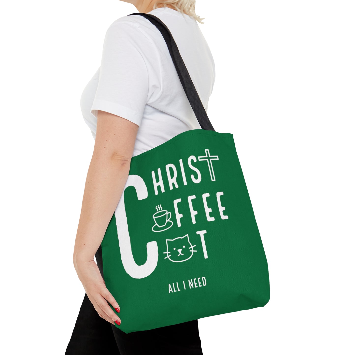 All I need! Christ, Coffee, Cat: Tote Bag (Irish Green)