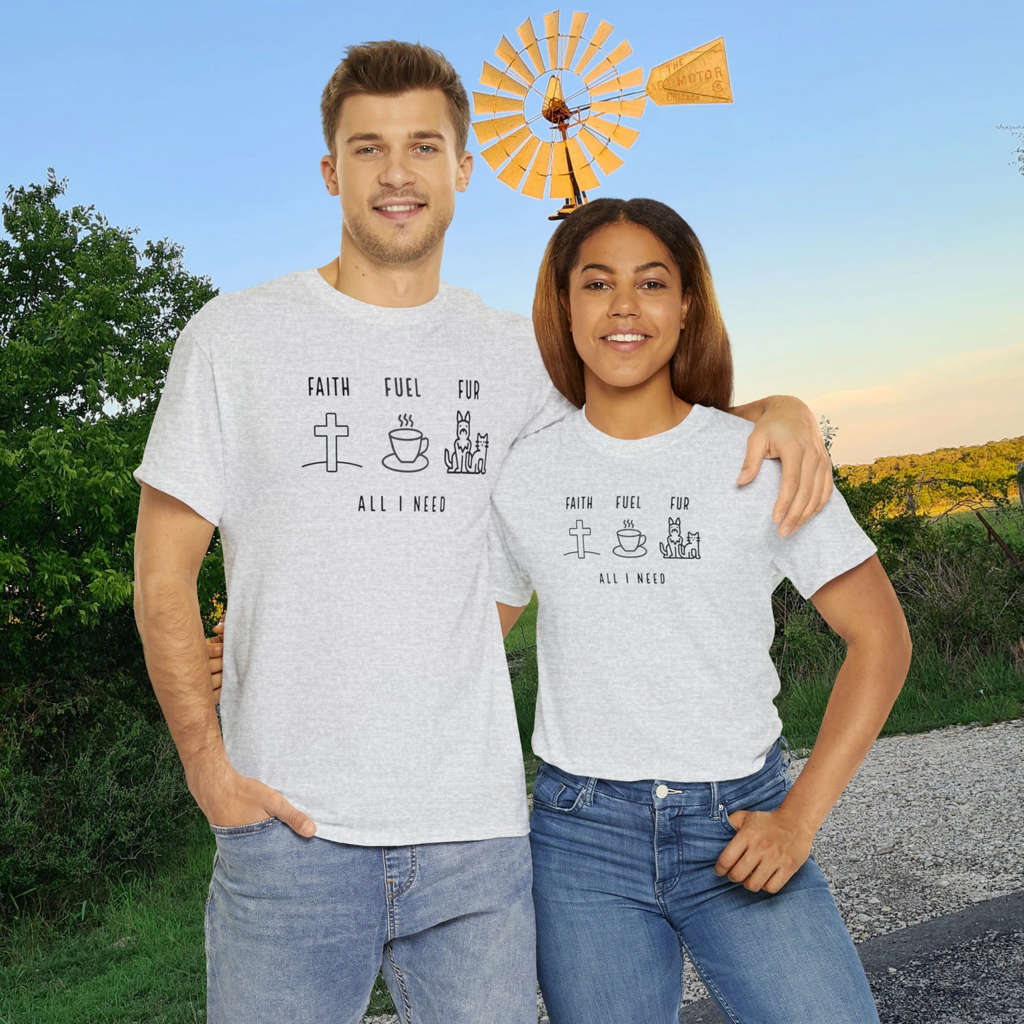 ALL I NEED! Faith, Fuel, Fur-Unisex Heavy Cotton Tee - Show Your Christian Boldness with Style!