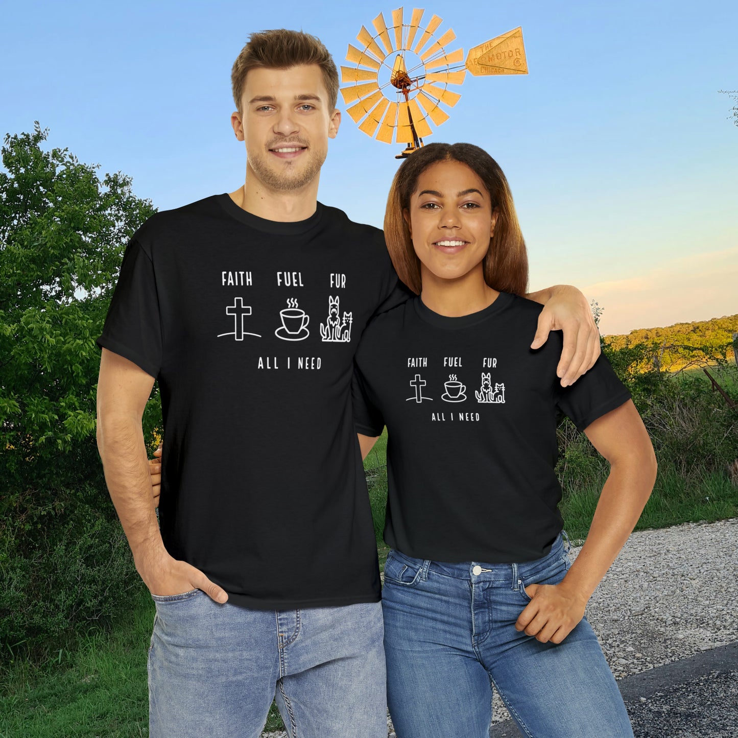 ALL I NEED! Faith, Fuel, Fur-Unisex Heavy Cotton Tee - Show Your Christian Boldness with Style!