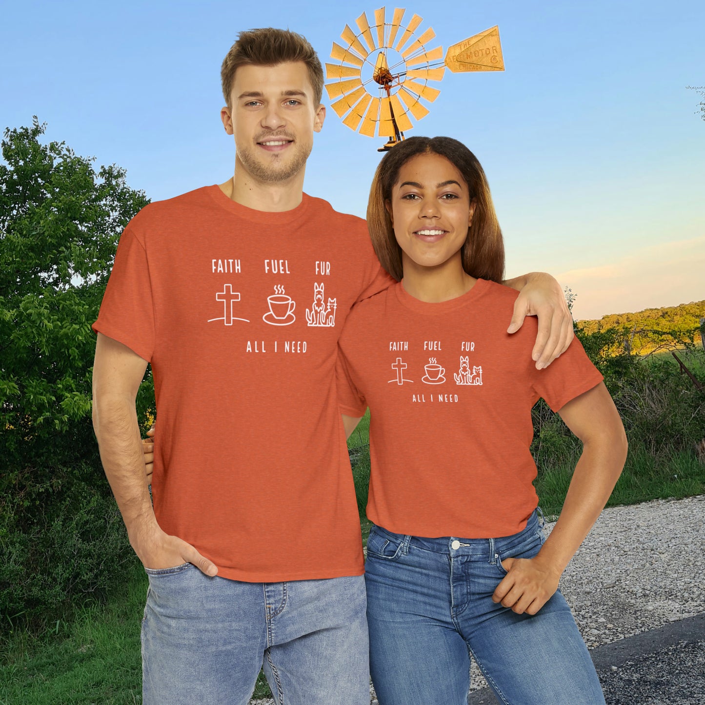 ALL I NEED! Faith, Fuel, Fur-Unisex Heavy Cotton Tee - Show Your Christian Boldness with Style!