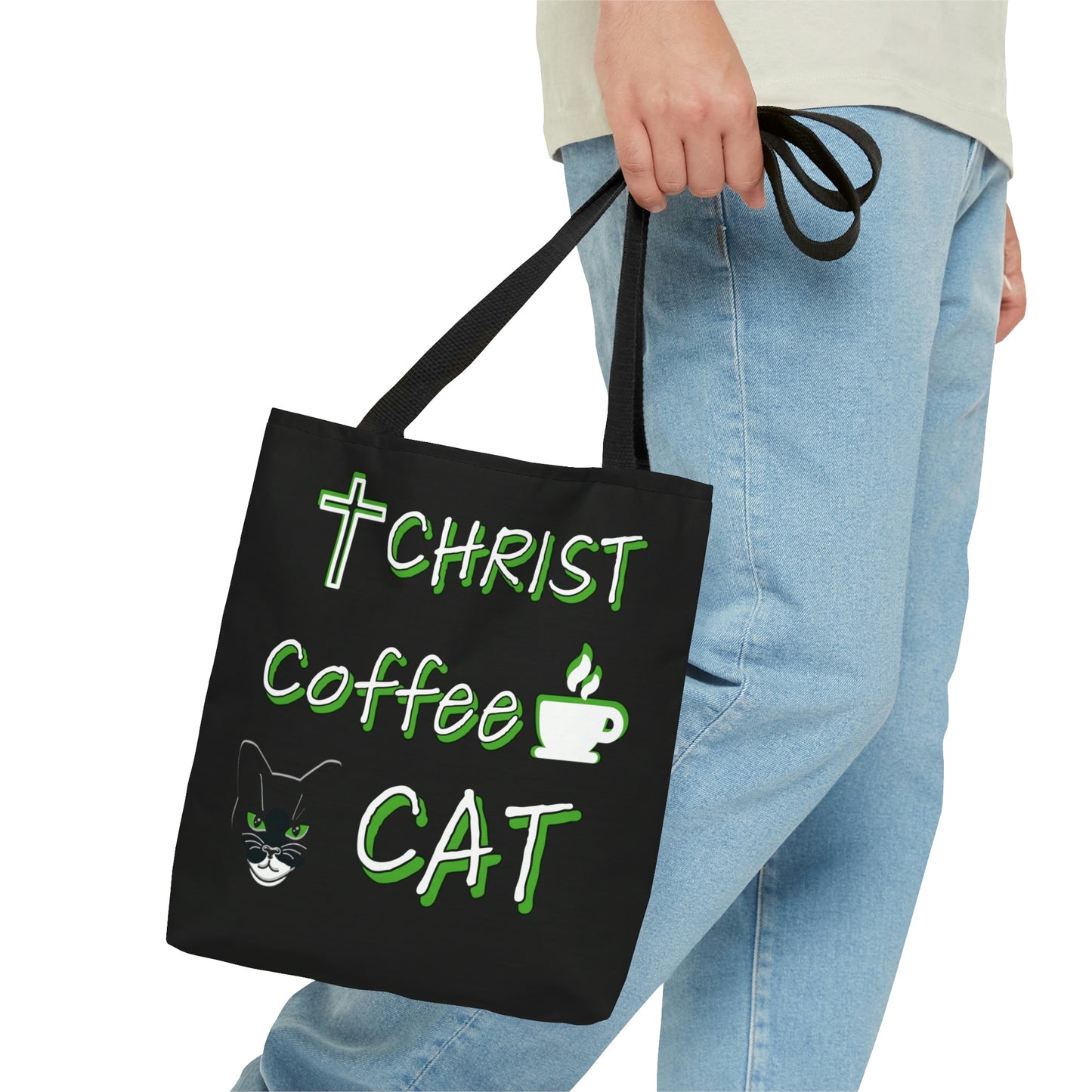 Christ, Coffee, Cat: Tote Bag (Black and Green)