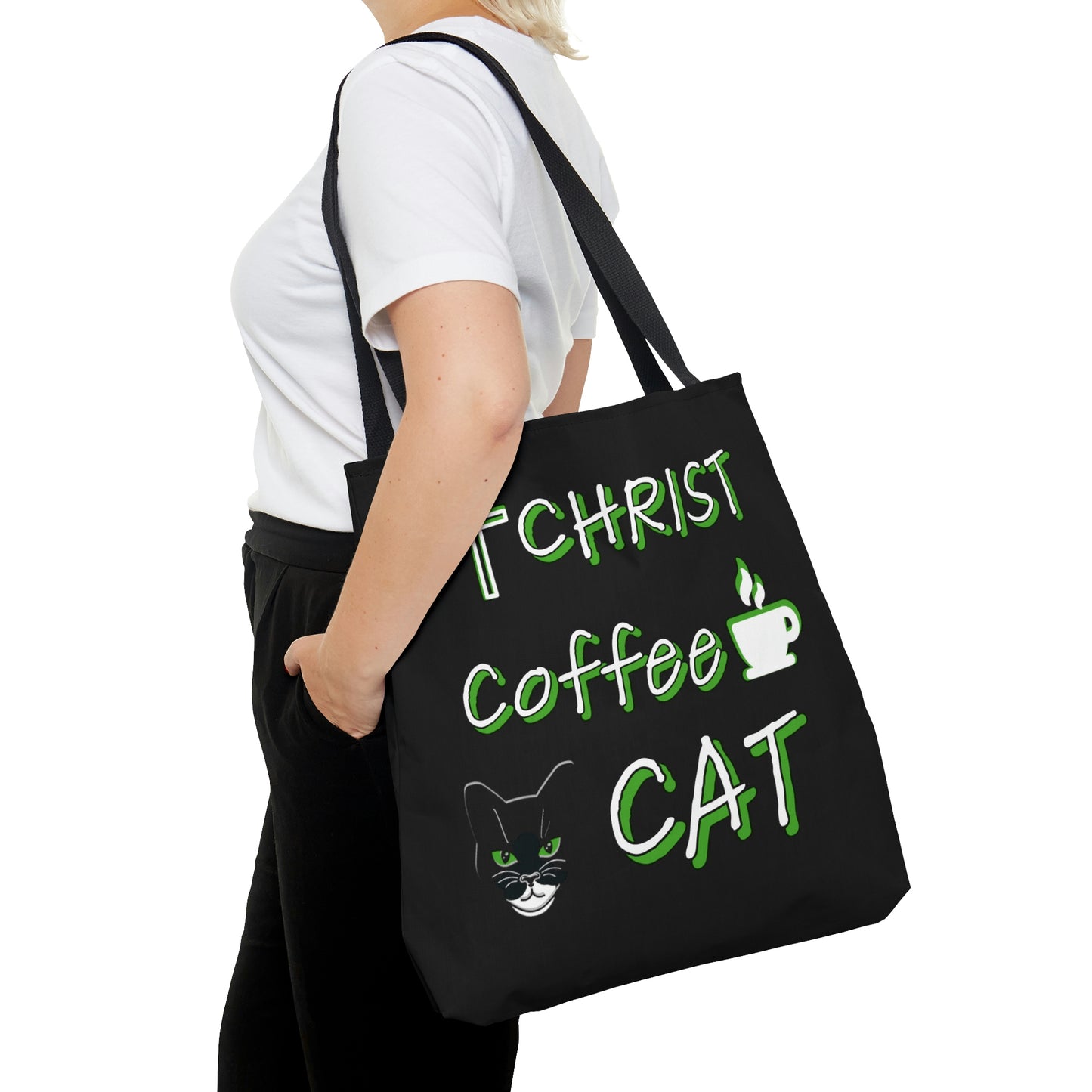 Christ, Coffee, Cat: Tote Bag (Black and Green)