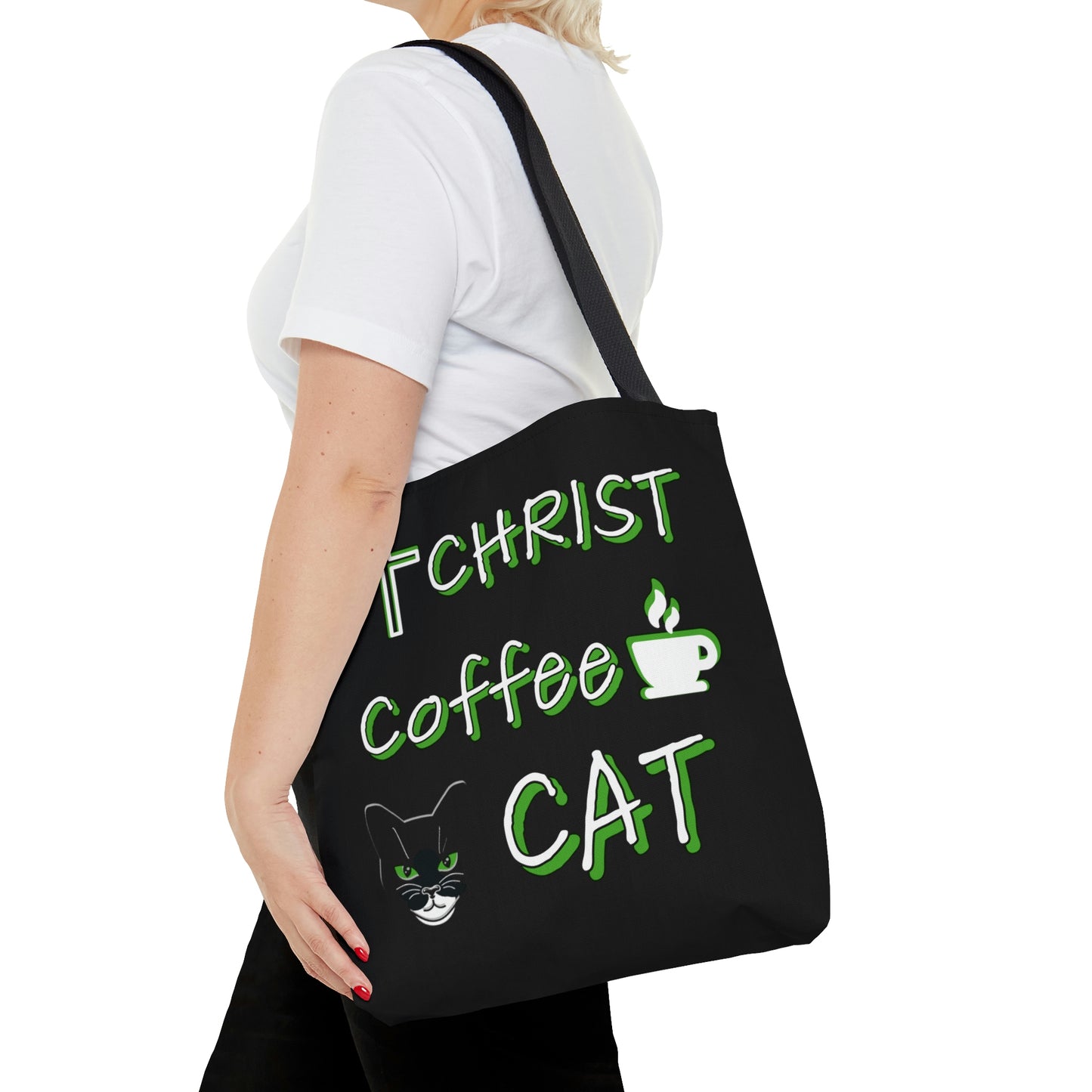 Christ, Coffee, Cat: Tote Bag (Black and Green)