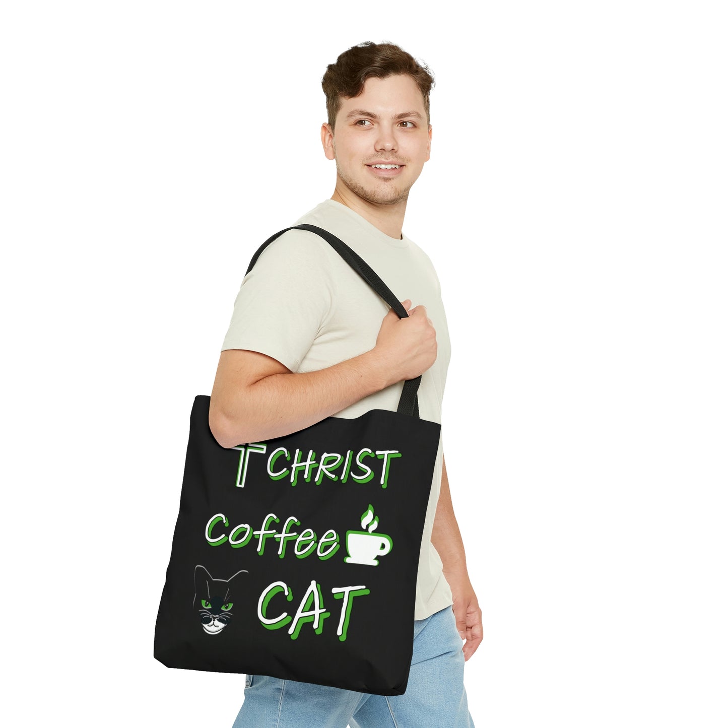 Christ, Coffee, Cat: Tote Bag (Black and Green)